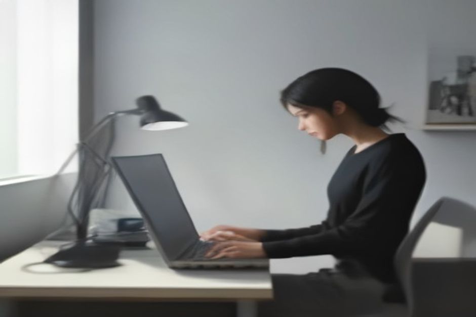 A focused person sitting at a desk with a laptop, looking thoughtful yet relaxed while working on an online project in a bright room.