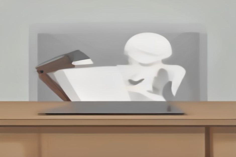 A focused person working on a laptop at a bright wooden desk, looking confident and relaxed while reviewing notes