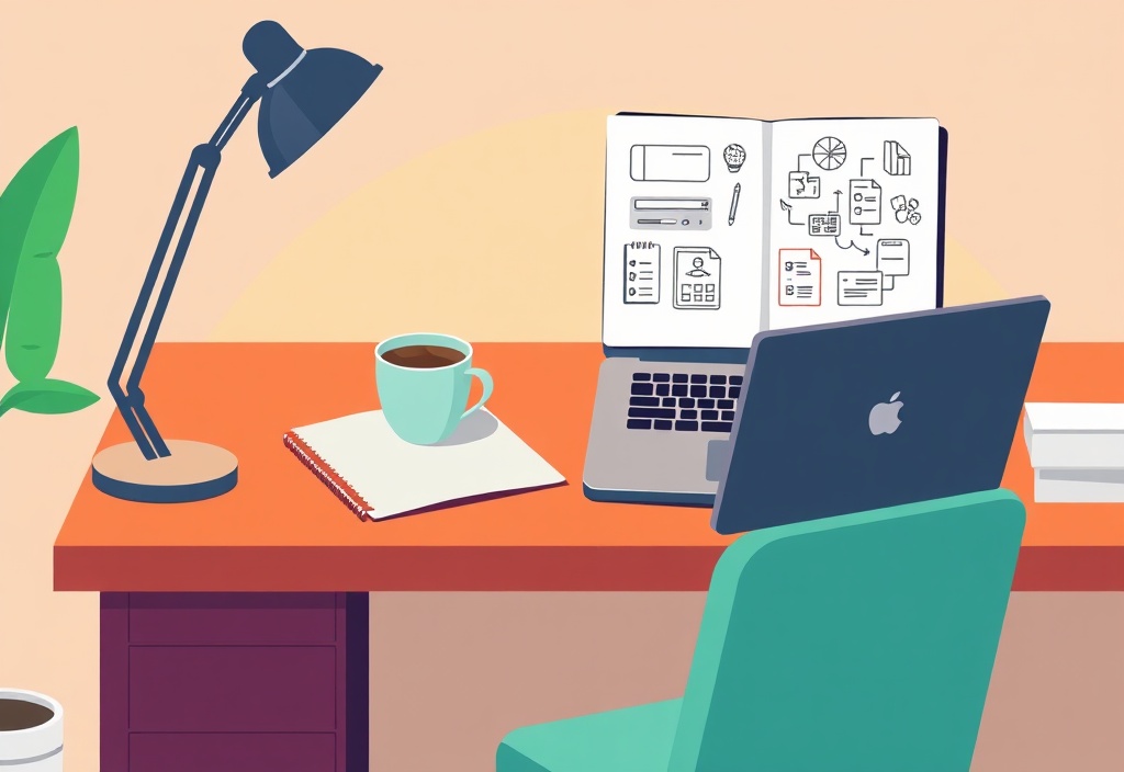 A cozy home office desk with a laptop, a cup of coffee, and a notebook filled with brainstorming sketches, warm lighting