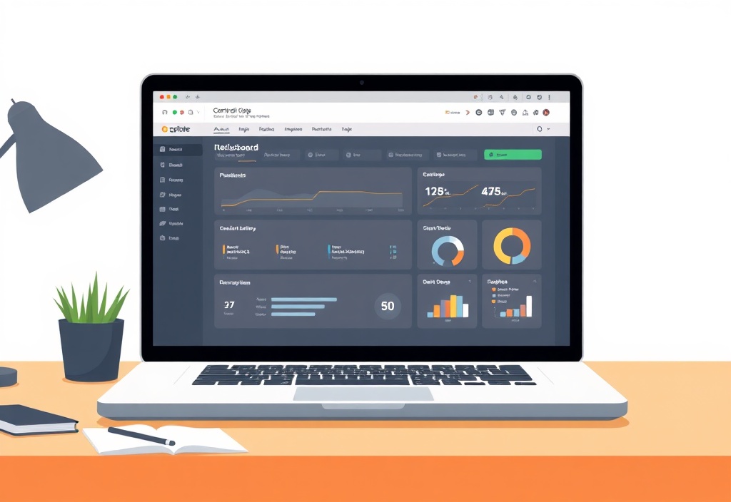 A clean, modern workspace showing a laptop screen displaying a simple dashboard, minimalist style, bright and inviting atmosphere