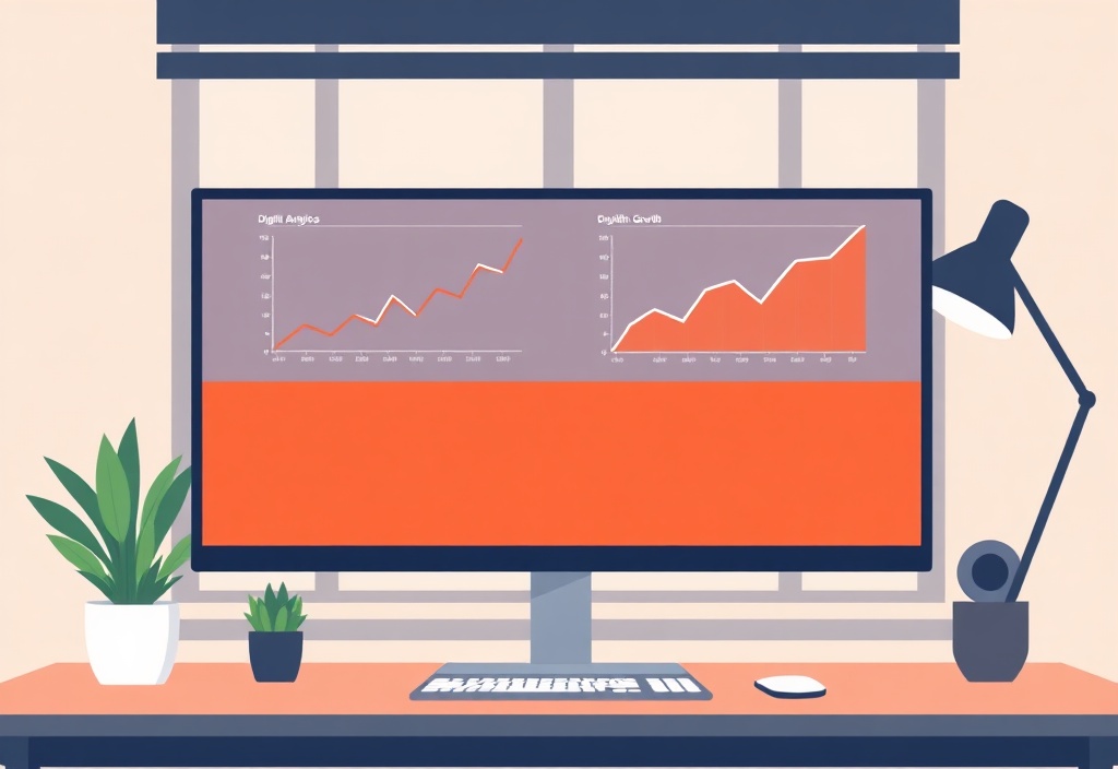 A bright, professional home office setup with a dual-monitor computer displaying digital analytics and growth graphs.