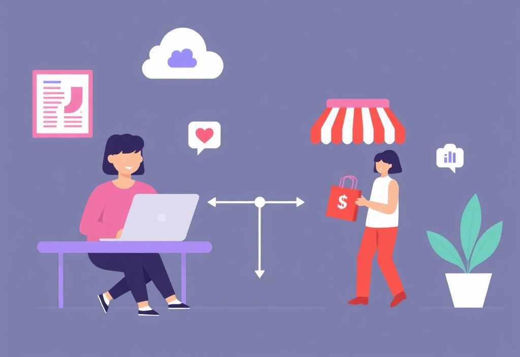 A friendly visual representation of a digital pathway connecting a content creator to a customer shopping online, minimalist tech vector style