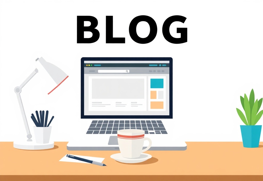 A clean, modern workspace with a laptop showing a simple website dashboard and a cup of coffee on a wooden desk