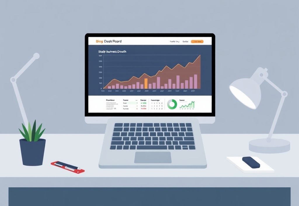 A clean desk setup with a laptop displaying a financial dashboard graph showing steady business growth and earnings