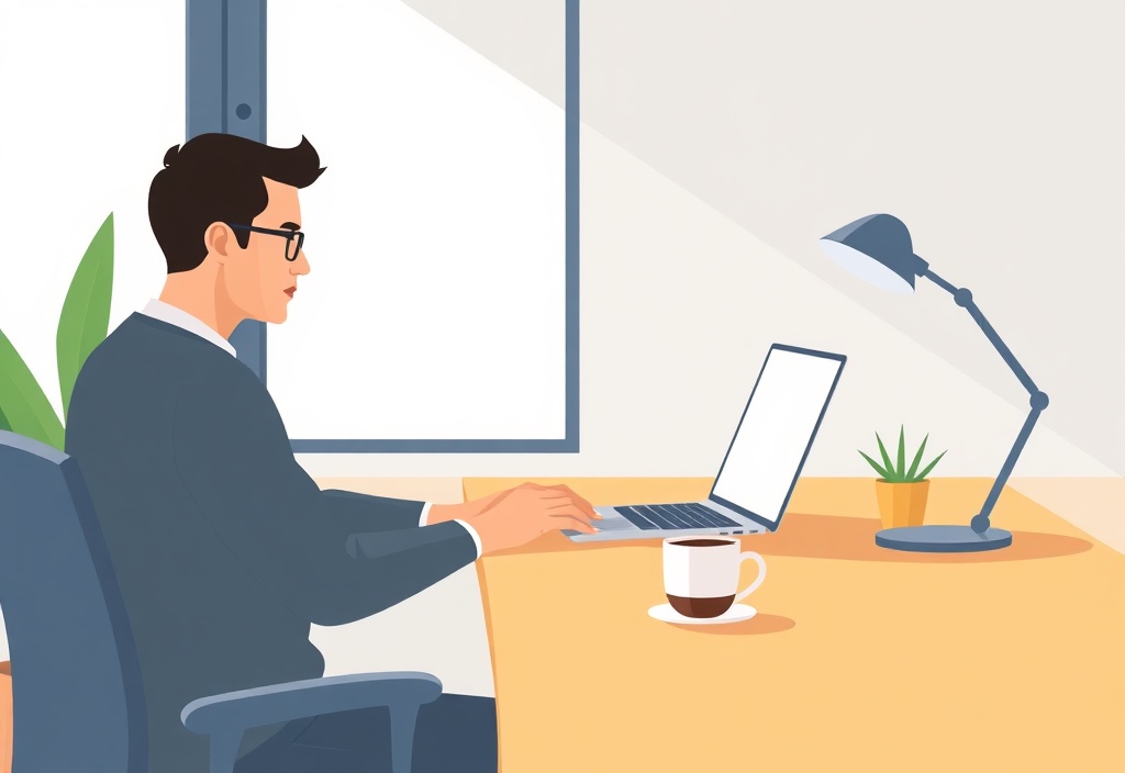 A focused person working on a laptop at a clean wooden desk with a cup of coffee, looking determined and thoughtful, bright natural daylight