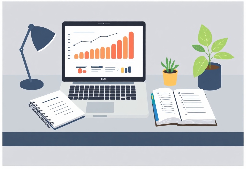 A visual flat lay representing digital organization, a laptop showing growth charts, a notebook with handwritten lists, and a plant on a desk