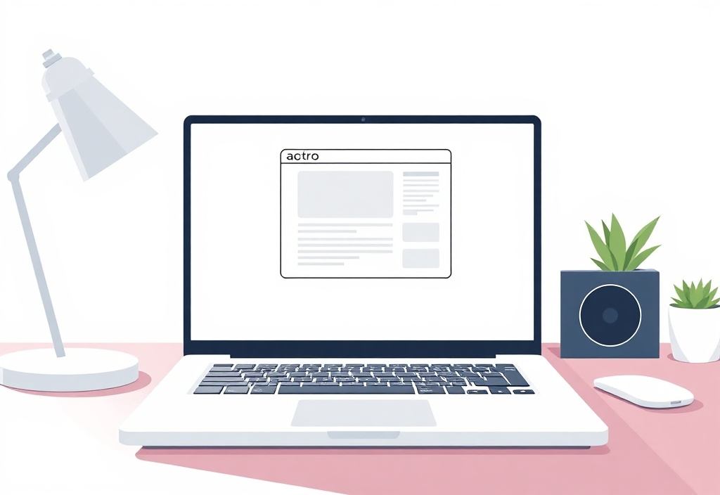 A clean, bright workspace showing a laptop with a simple wireframe outline of a website page on the screen, minimalist desk setup, no text or words.