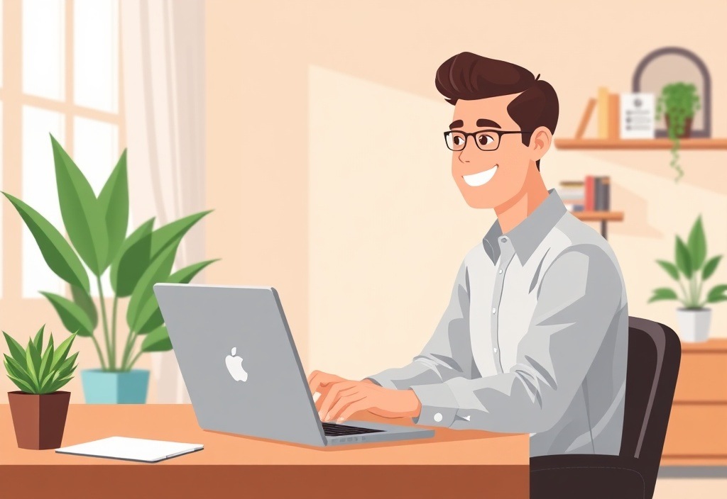 A smiling beginner entrepreneur looking at a laptop screen with a feeling of relief and success, cozy modern home office, no text or words.