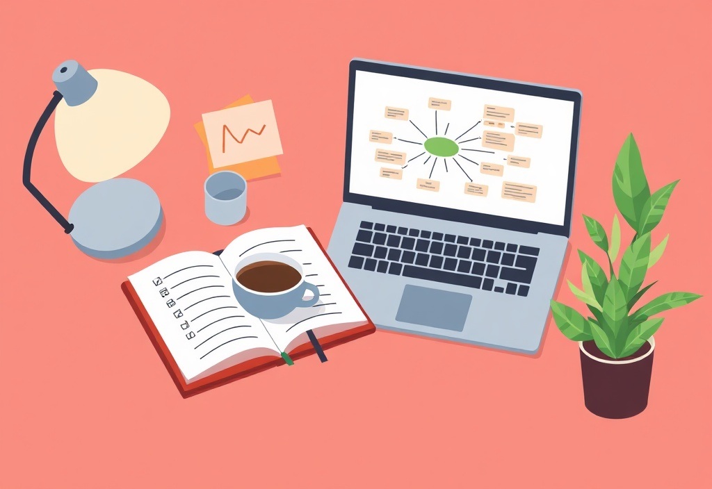 A cozy desk with a notebook full of brainstormed ideas, a cup of coffee, and a laptop showing a clean, organized mind map