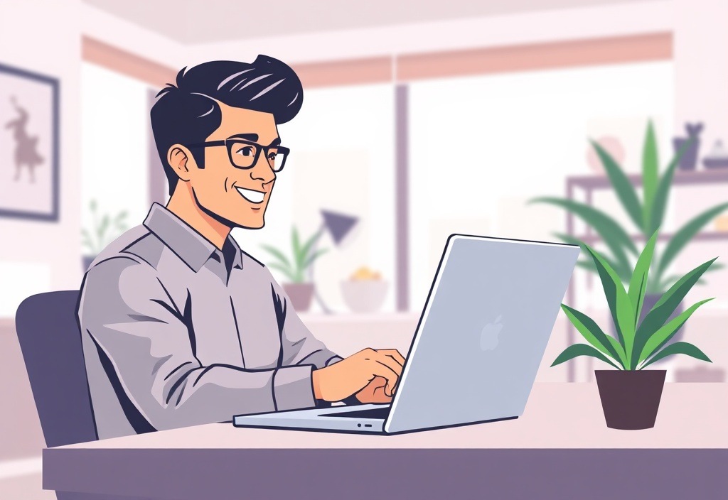 A focused beginner entrepreneur smiling while working on a laptop in a bright, modern home office space
