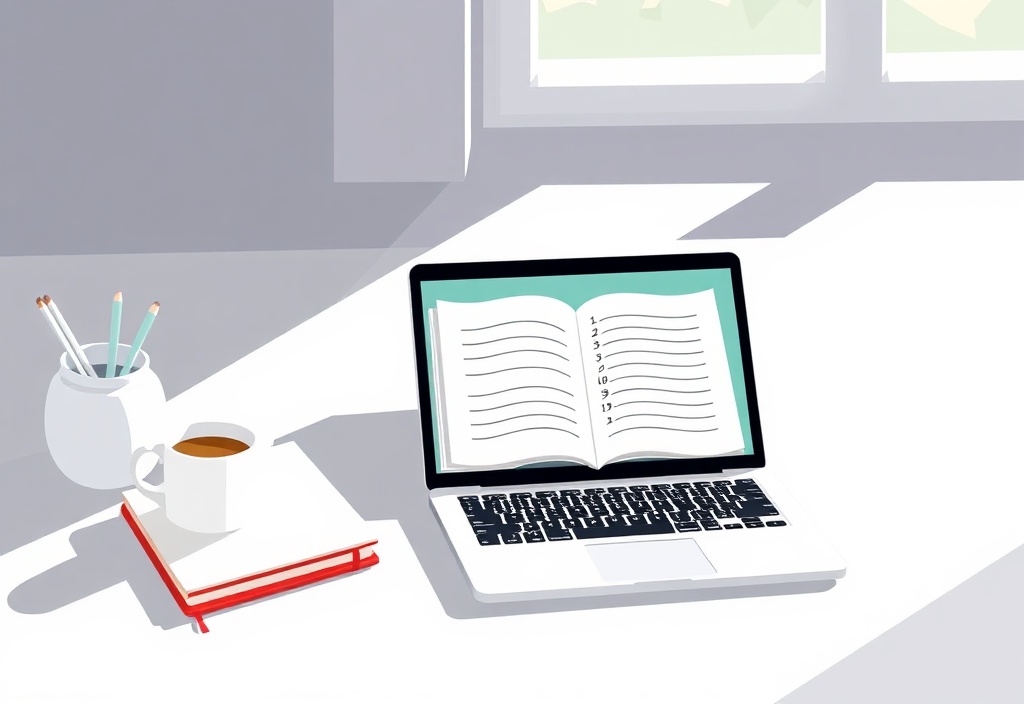 A clean, minimalist desk setup with a laptop, a notebook open with handwritten lists, and a cup of coffee, lit by soft natural light.