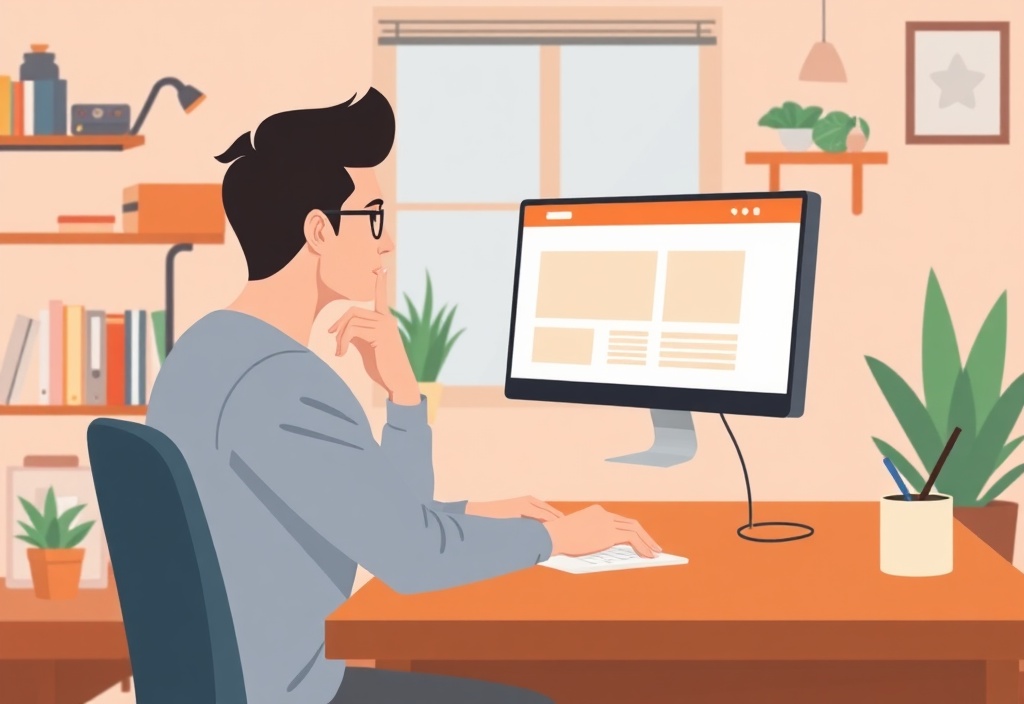 A focused beginner sitting at a wooden table looking thoughtfully at a computer screen displaying a simple website outline, cozy home office environment.