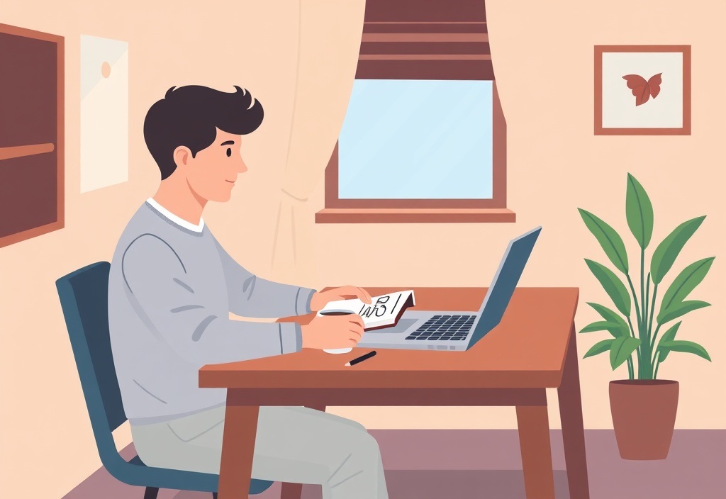 A beginner sitting at a wooden desk with an open laptop, a cup of coffee, and a notebook filled with brainstorming notes in a cozy, well-lit room.