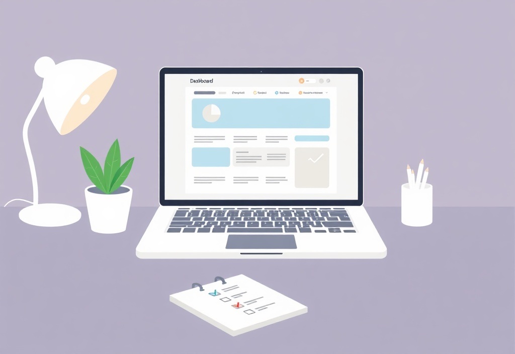 A clean, modern workspace showing a laptop displaying a website dashboard, a small potted plant, and a notepad with a simple checklist.