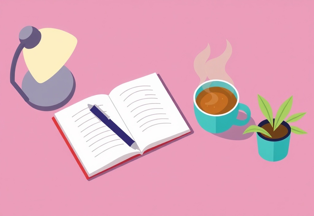 A cozy desk scene with a notebook, a pen, and a warm cup of coffee, representing daily life reflection and brainstorming ideas