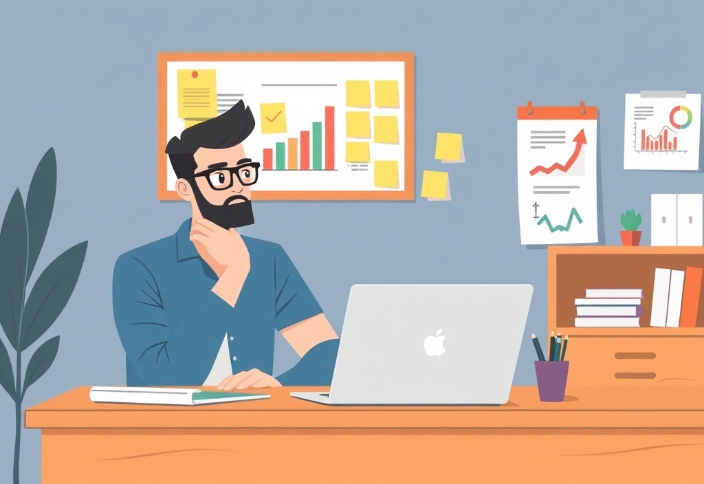 A beginner entrepreneur sitting at a wooden desk with a laptop, looking thoughtful while looking at charts and sticky notes on a wall.