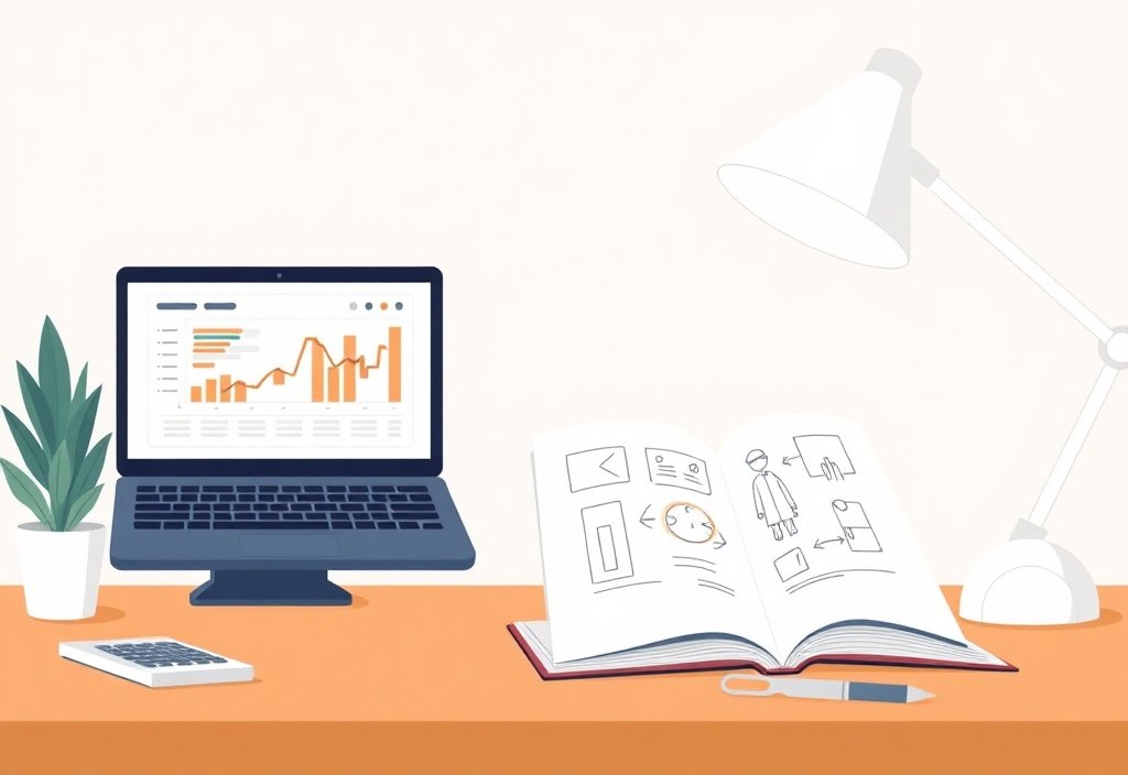 A clean, minimalist home office setup featuring a laptop displaying business analytics and a notebook with brainstorming sketches.