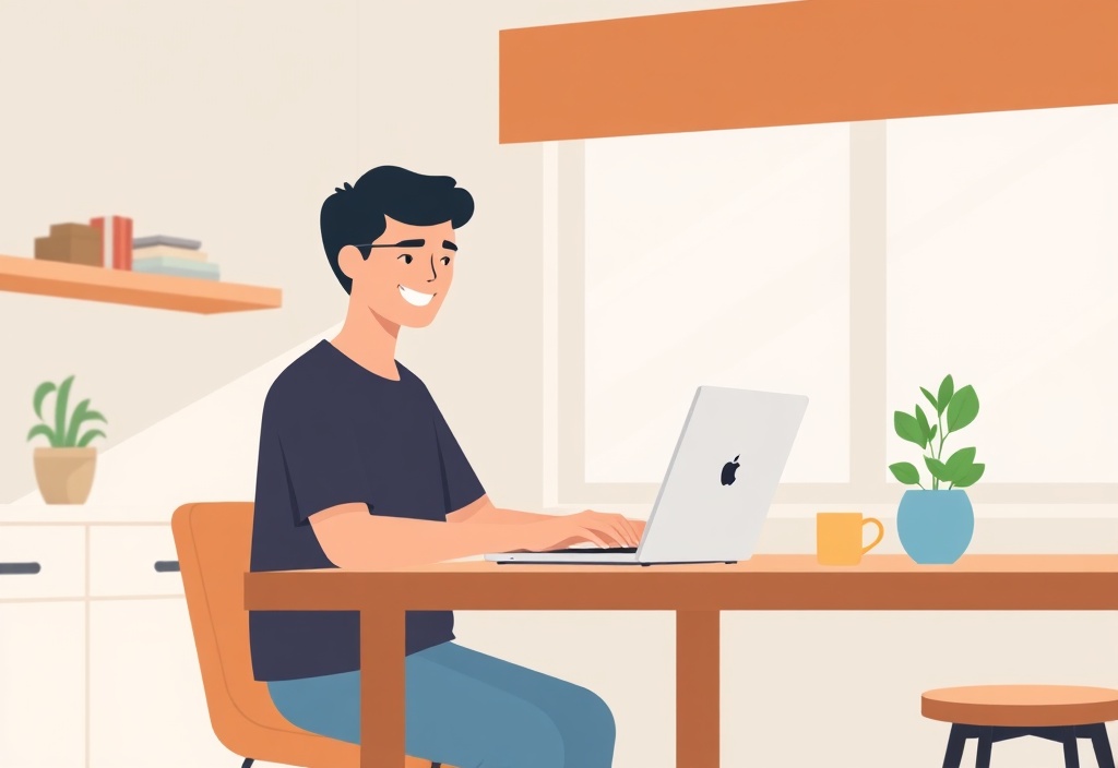 A person working happily on a laptop at a kitchen table with soft, natural lighting, looking focused and relaxed.