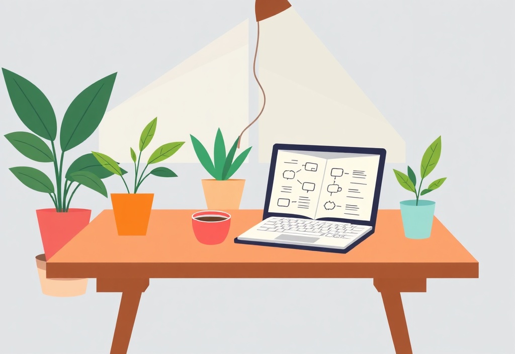 A friendly workspace with a laptop, a notebook filled with brainstorming ideas, a cup of coffee, and plants in a brightly lit room