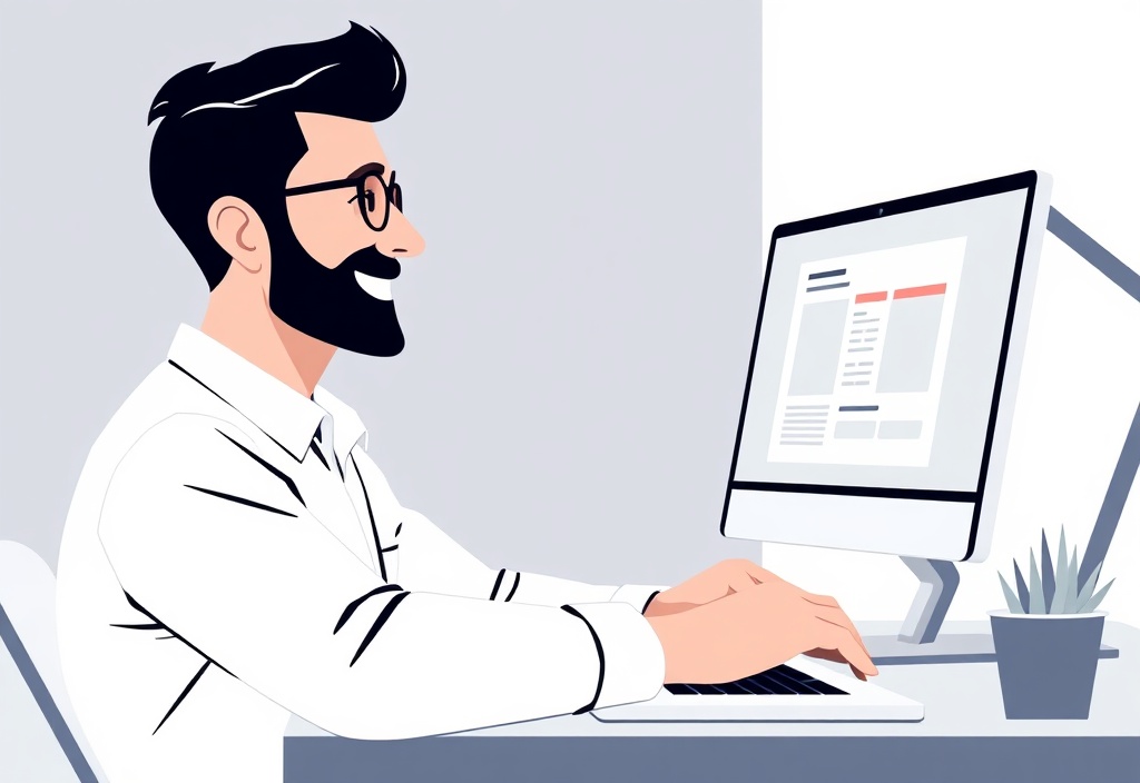 A focused beginner entrepreneur smiling while looking at a clean laptop screen showing a website outline, minimalist desk setup