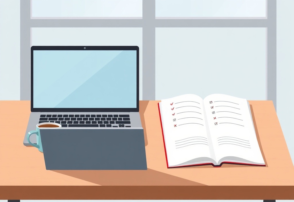 A clean wooden desk with a minimalist laptop, a cup of coffee, and an open notebook with neat handwritten checklists, soft natural lighting