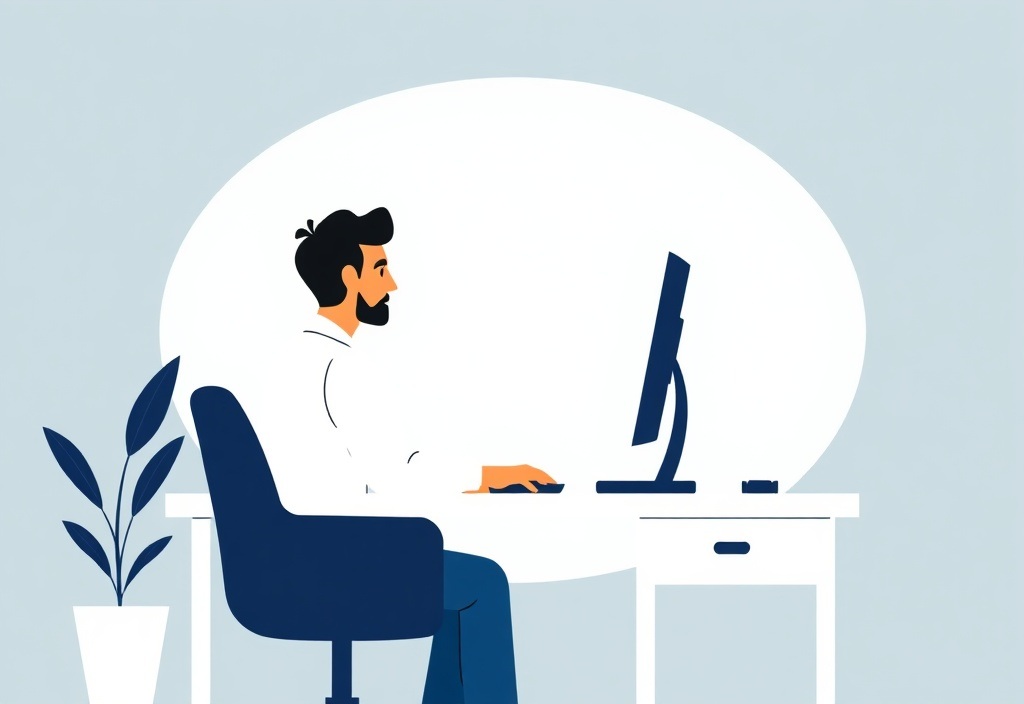 A focused person sitting at a desk looking calmly at a computer screen, representing productivity and clarity without stress