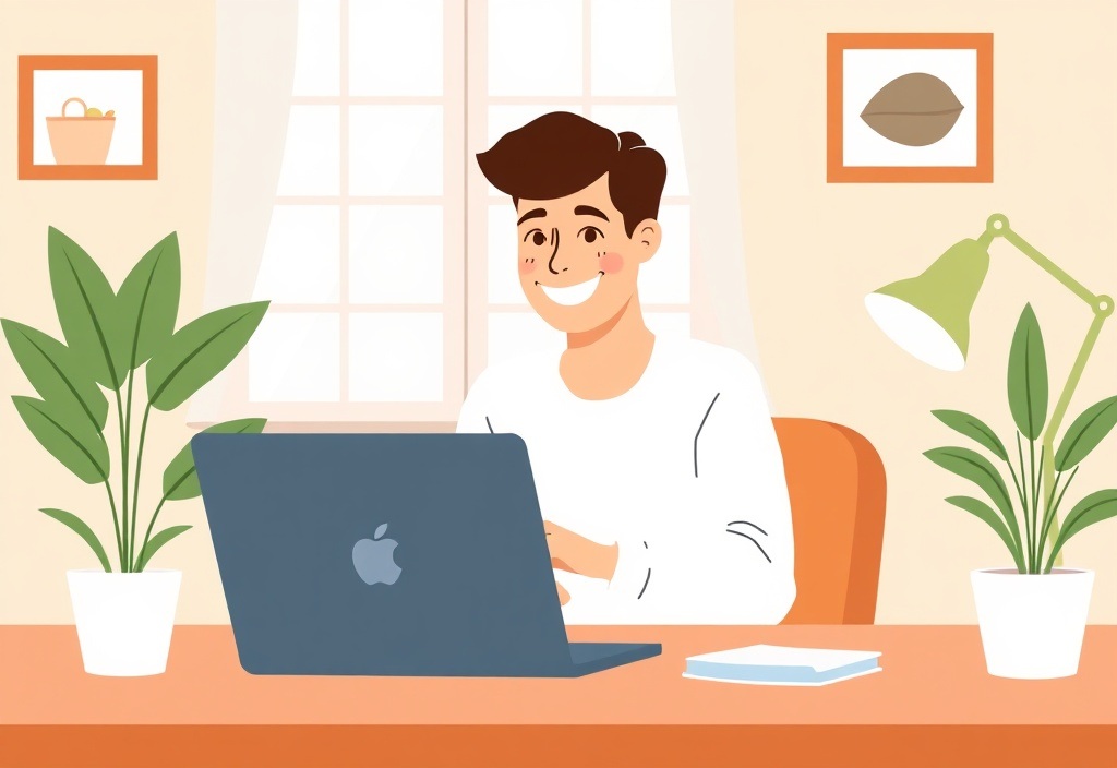 A smiling person typing on a laptop in a cozy home office setting, feeling relieved and accomplished