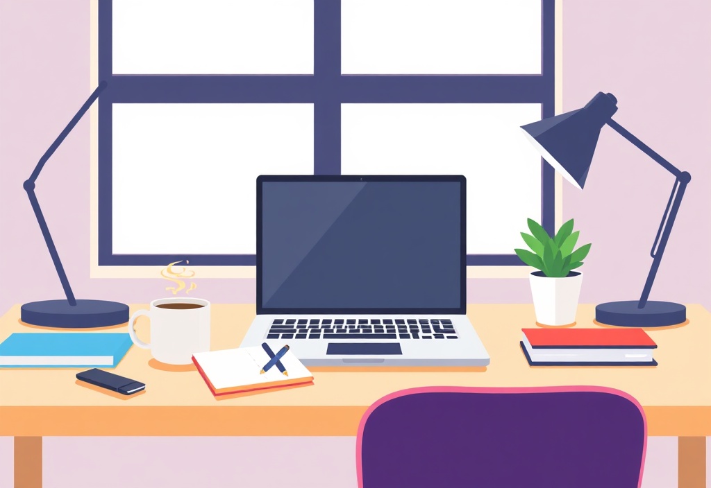 A clean, bright desk setup with a laptop, a notebook, and a cup of coffee, representing a cozy home office for a new entrepreneur.