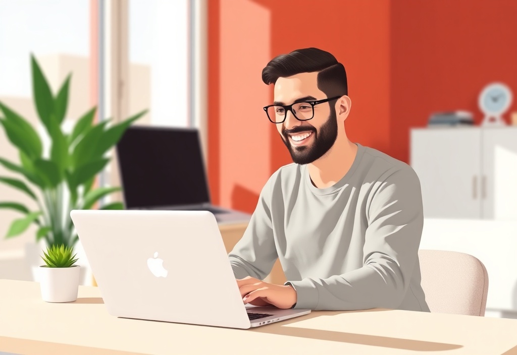 A focused beginner entrepreneur smiling while working on a laptop in a brightly lit modern room, showing confidence and ease.