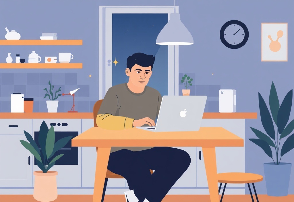 A focused person sitting at a kitchen table working on a laptop in the evening with a calm, productive atmosphere