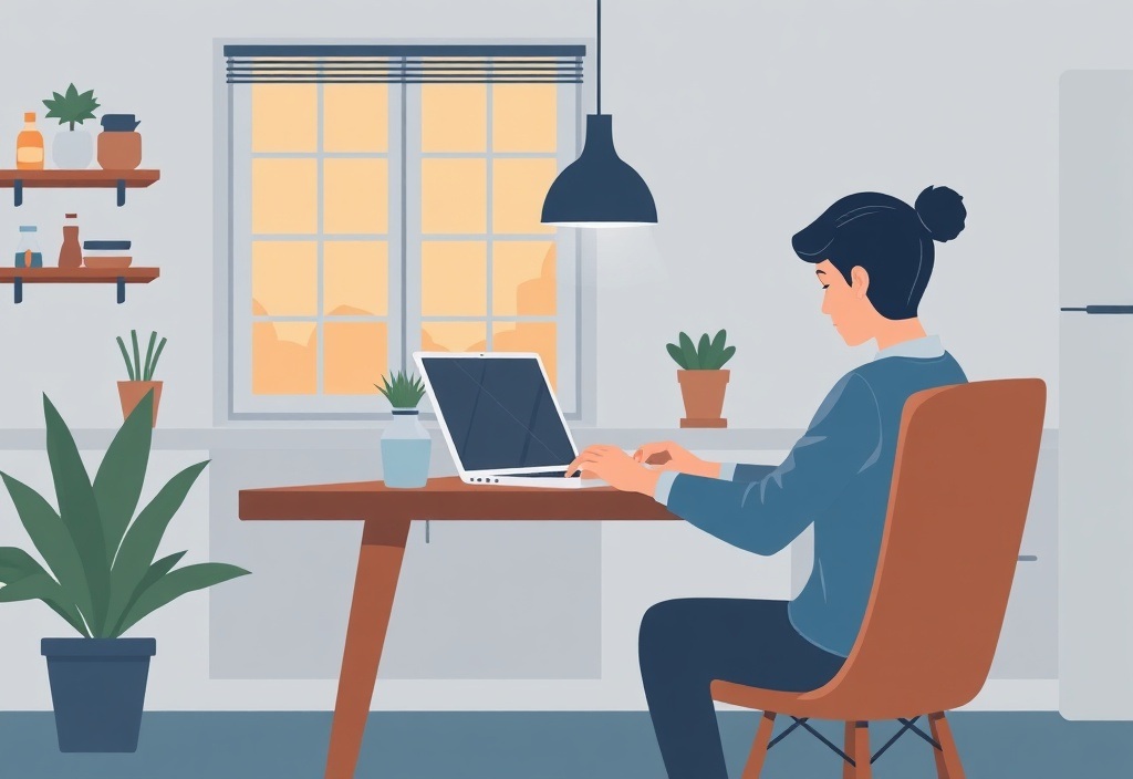 A focused person working on a laptop at a kitchen table with a cozy, calm evening atmosphere