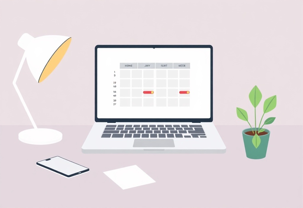 A clean modern workspace with a laptop showing a simple schedule, a cup of coffee, and a small potted plant, representing calm and organized remote work, no text