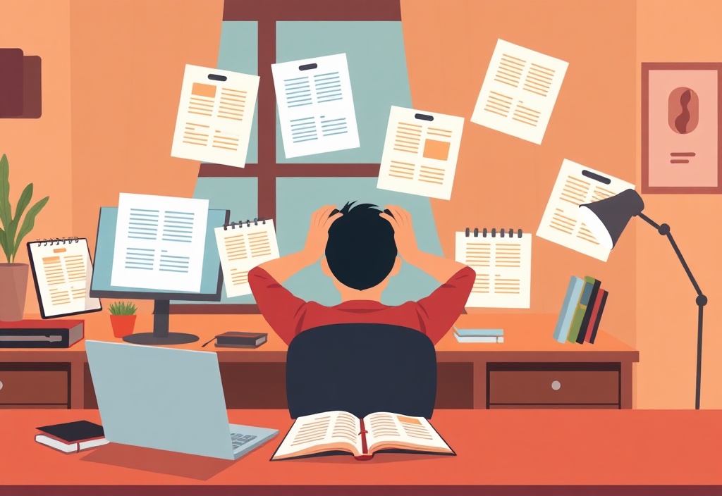 A frustrated person sitting at a desk looking at multiple glowing notebook pages and laptop tabs representing distraction and overwhelm, cozy home office lighting, flat vector illustration style