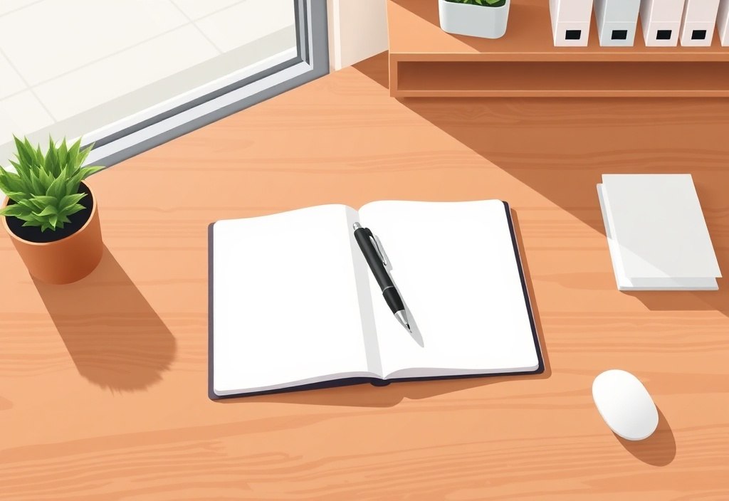A clean wooden desk with a single open notebook and a pen, neat and organized, minimalist style, bright natural daylight