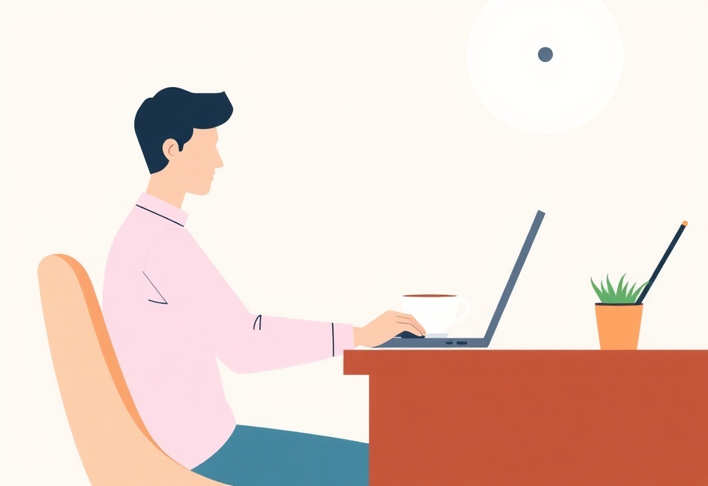 A person sitting at a desk working calmly on a laptop with a cup of coffee next to them, focused and relaxed atmosphere