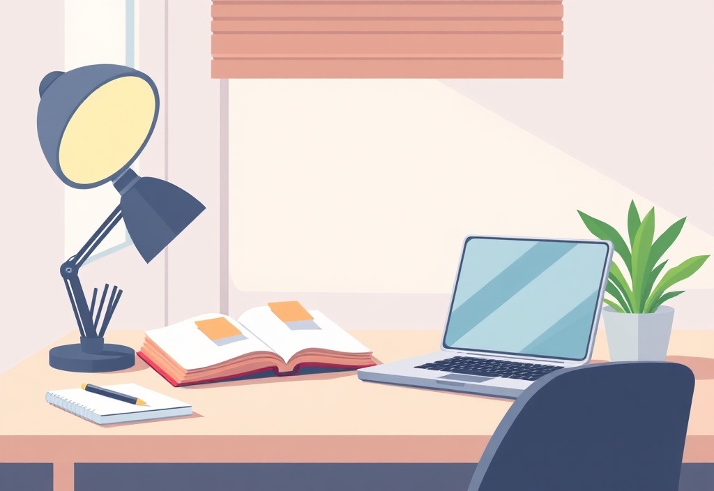 A clean, minimalist desk with a notebook showing sticky notes of ideas and a laptop, bright natural lighting, cozy and productive atmosphere