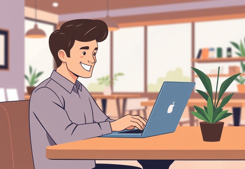 A smiling person typing on a laptop in a coffee shop, modern and relaxed vibe, representing digital entrepreneurship