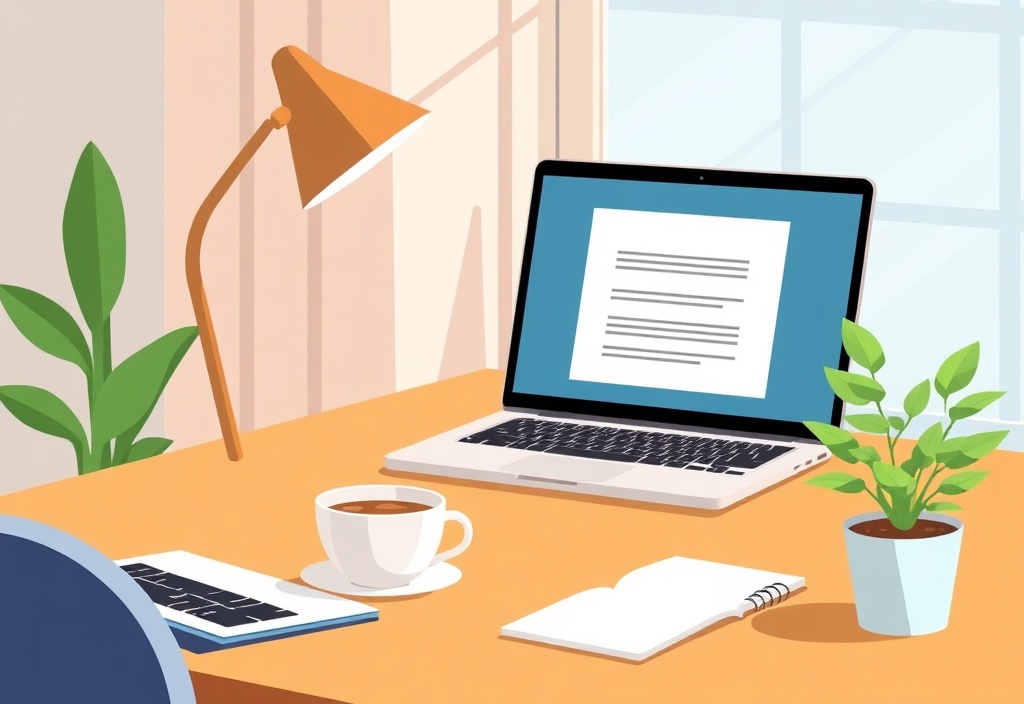 A friendly cozy home office desk with a laptop displaying clean text notes, a warm cup of coffee, and a small potted plant, bright natural daylight, clean minimal aesthetic