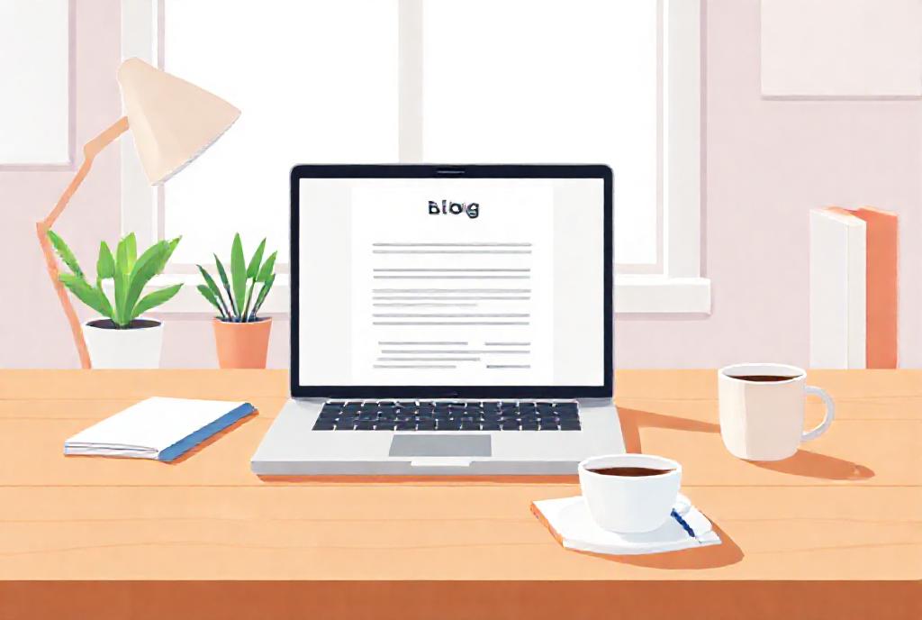 A friendly workspace with a laptop showing a clean blog outline, a notebook, and a cup of coffee on a wooden desk, bright natural lighting