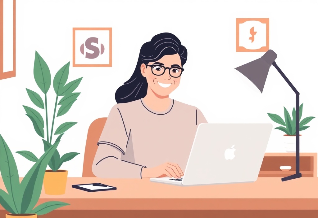 A focused beginner entrepreneur smiling while working on a laptop in a cozy home office setup, minimalist and clean aesthetic