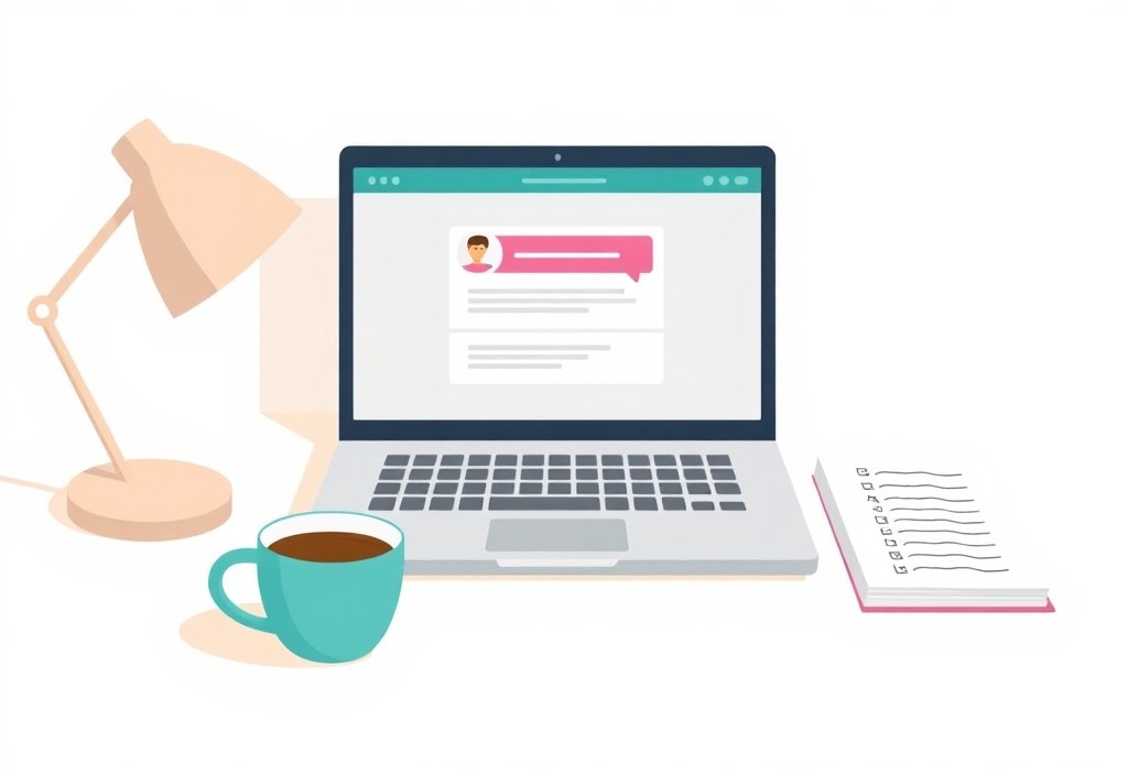 A clean, bright desk setup with an open laptop showing a friendly chat window, a cup of coffee, and a small notebook with handwritten lists, minimalist aesthetic