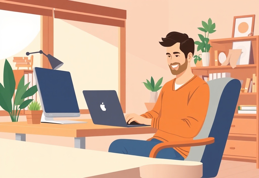 A focused beginner sitting comfortably at a wooden desk with a laptop, smiling while looking at a structured checklist, warm natural lighting, cozy home office