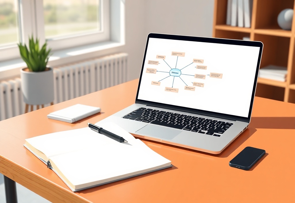 A clean wooden desk with a notebook, pen, and a laptop displaying a simple brainstorming mind map, bright and natural lighting, minimalist style