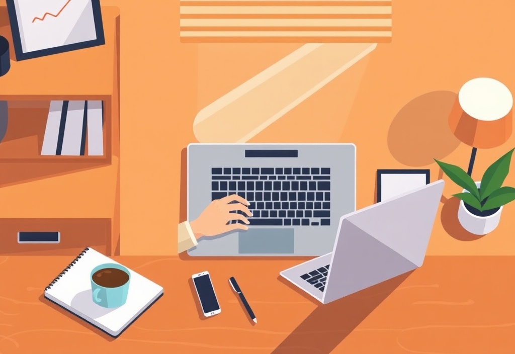 A friendly freelance business owner typing on a laptop at a cozy wooden desk with a cup of coffee and a notebook, warm lighting, flat lay photography style