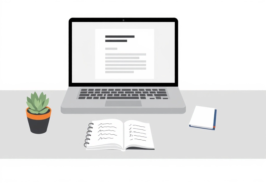 A clean, minimalist workspace with a laptop open showing an email draft, a small succulent plant, and a notepad with handwritten outlines