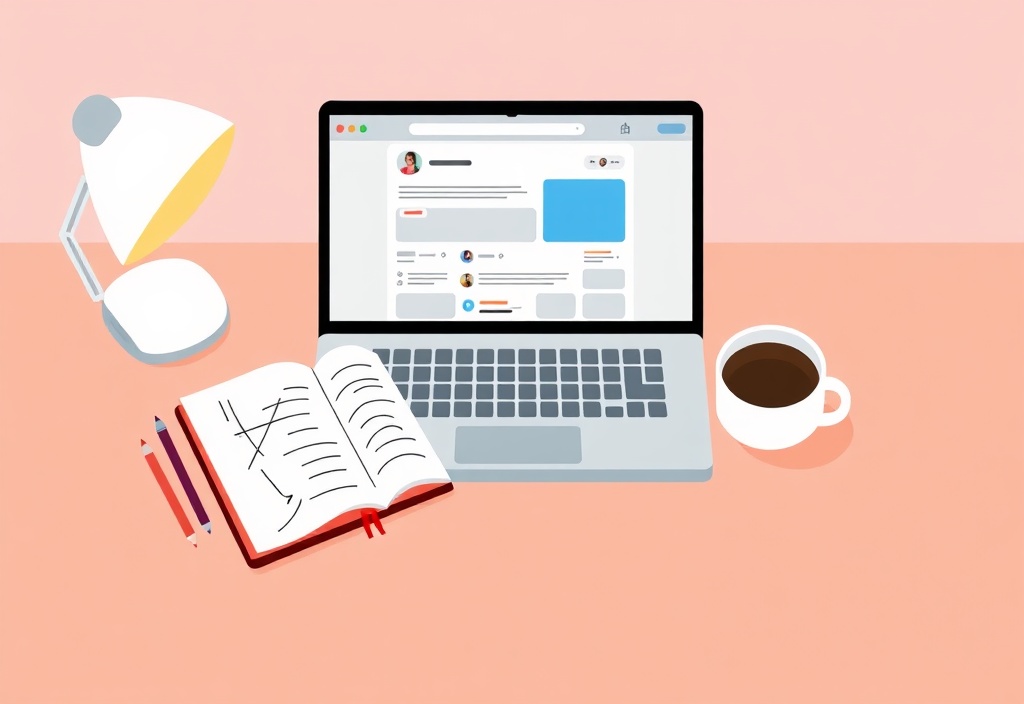 A friendly workspace scene with a laptop showing a social media feed, a notebook with rough sketches, and a cup of coffee on a clean wooden desk