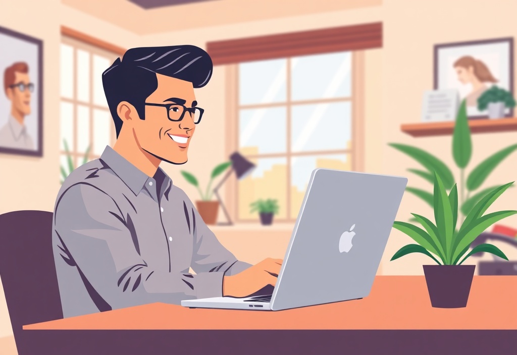 A beginner entrepreneur smiling while looking at a laptop screen in a bright, cozy home office environment, representing success and clarity