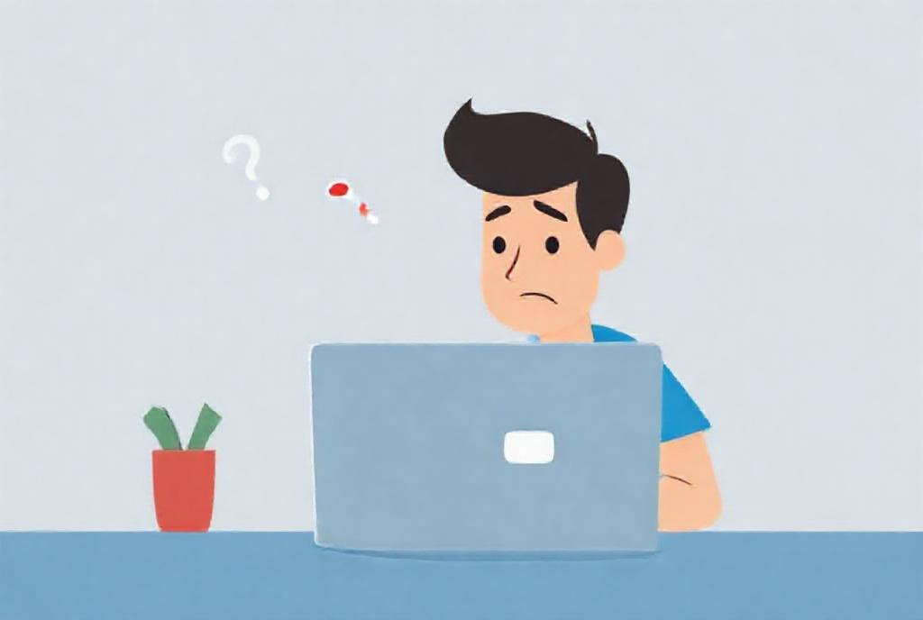 A beginner looking confused at a laptop screen showing a glowing red warning sign, minimalist vector style