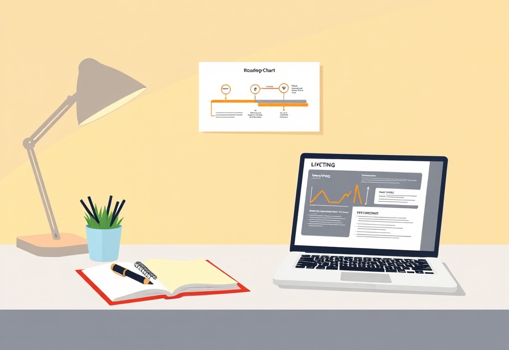 A clean, organized desk with a notebook, pen, and laptop showing a structured roadmap chart, warm and inviting lighting
