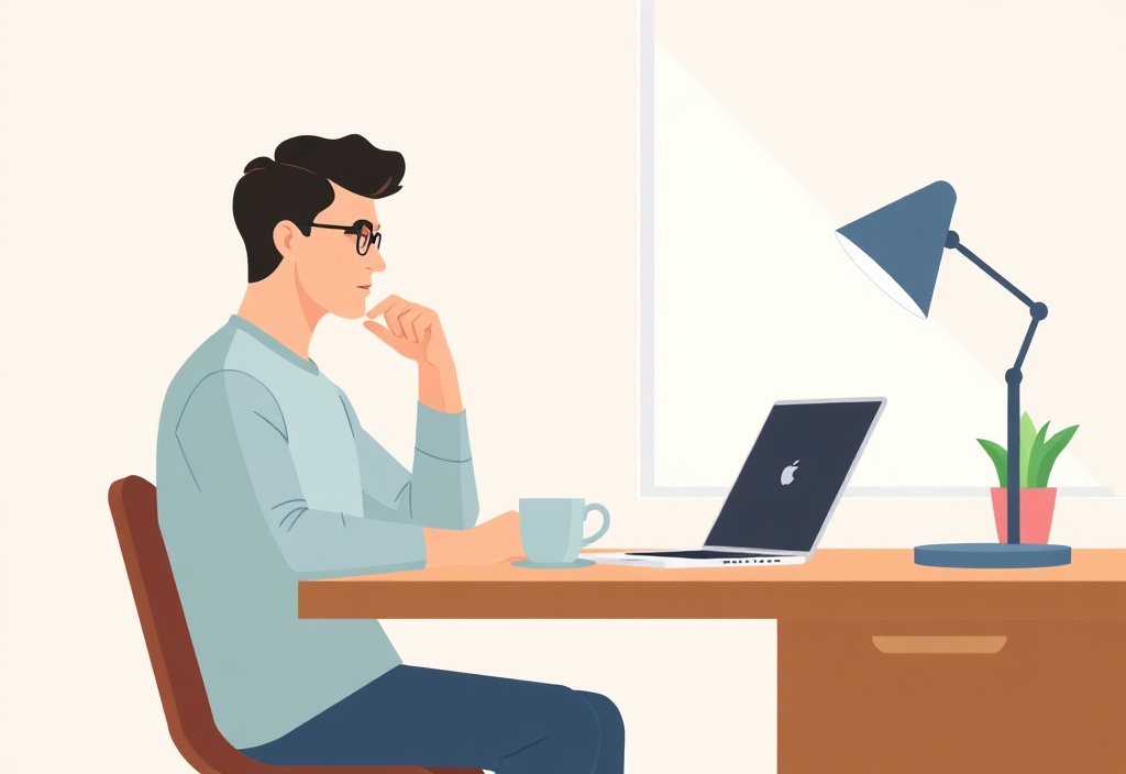 A beginner looking thoughtfully at a laptop computer with a cup of coffee on a clean wooden desk, natural morning lighting.